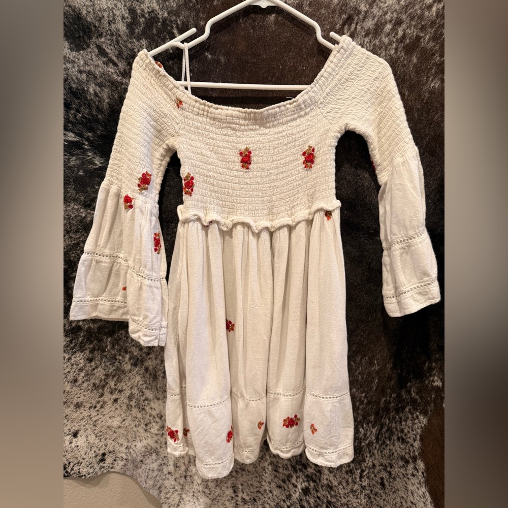 Free People White Midi Dress with Red Floral Embroidery